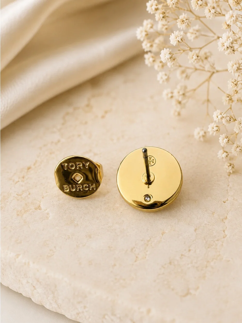 Tory Burch Gold-Tone Logo Green Enamel Circle Stud Earrings